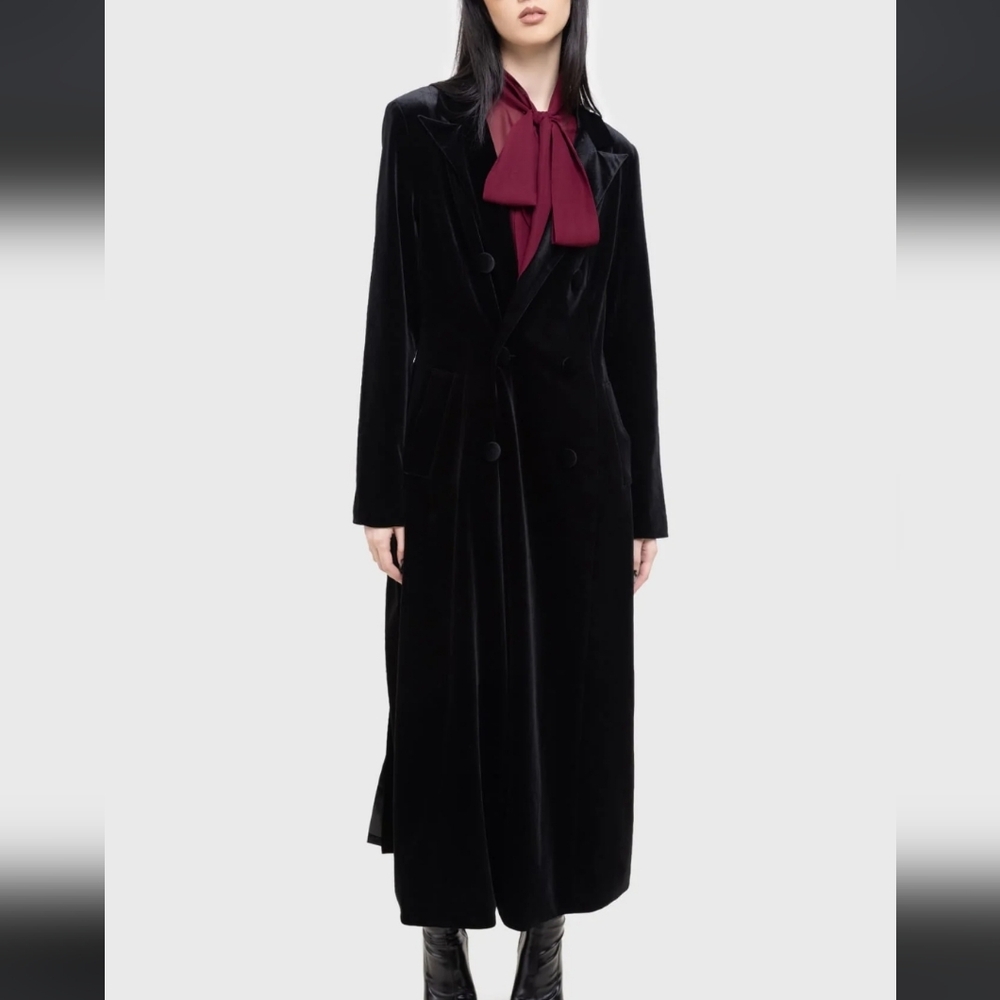 Killstar Black Velvet Trench Coat - Picture 5 of 9